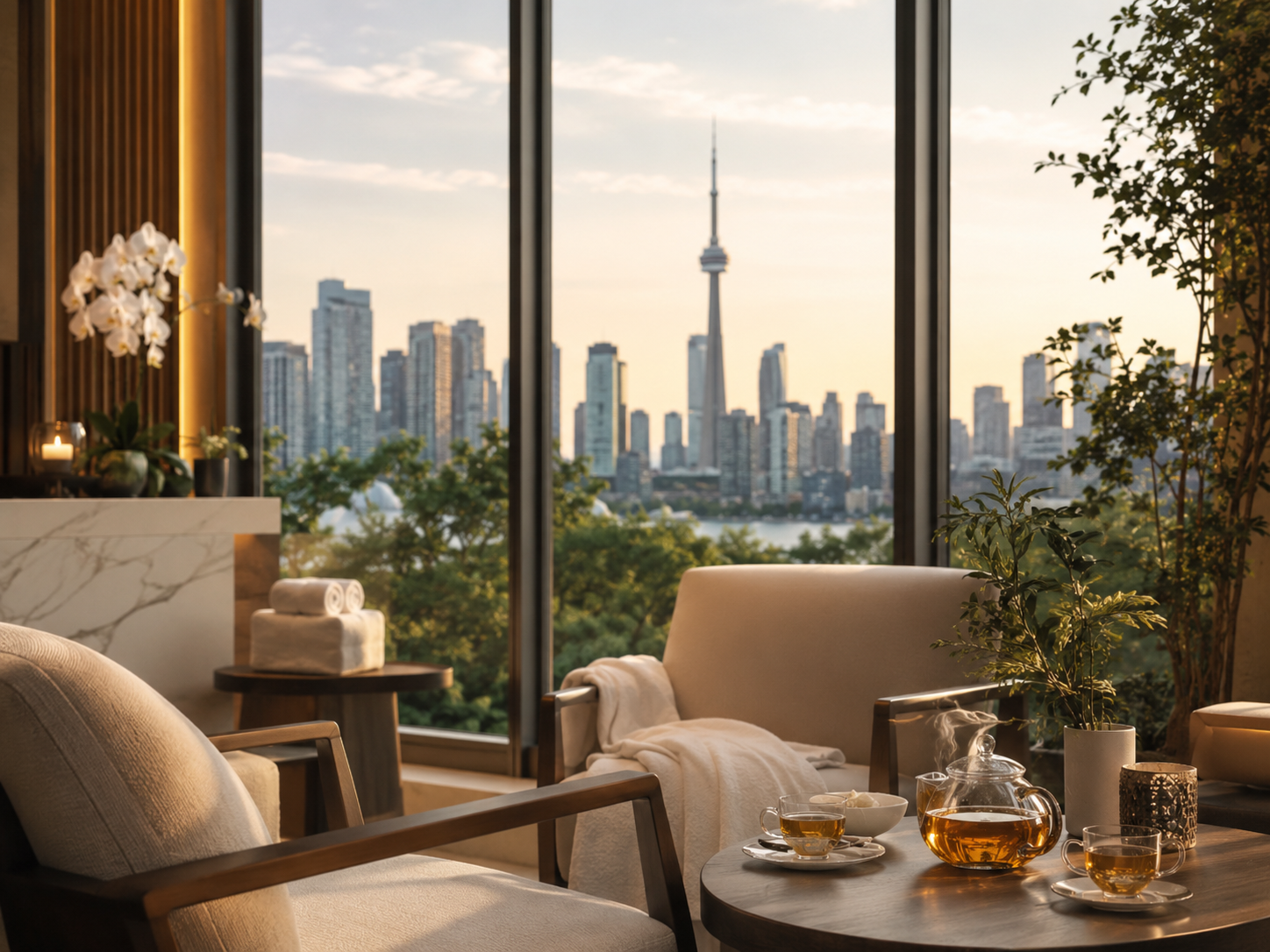 Serene spa lounge with Toronto skyline view and tea service