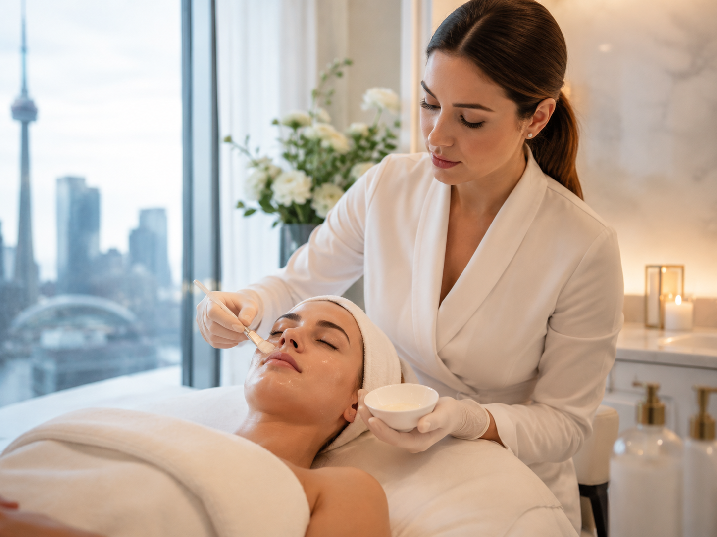 Spa facial treatment with Toronto skyline in the background